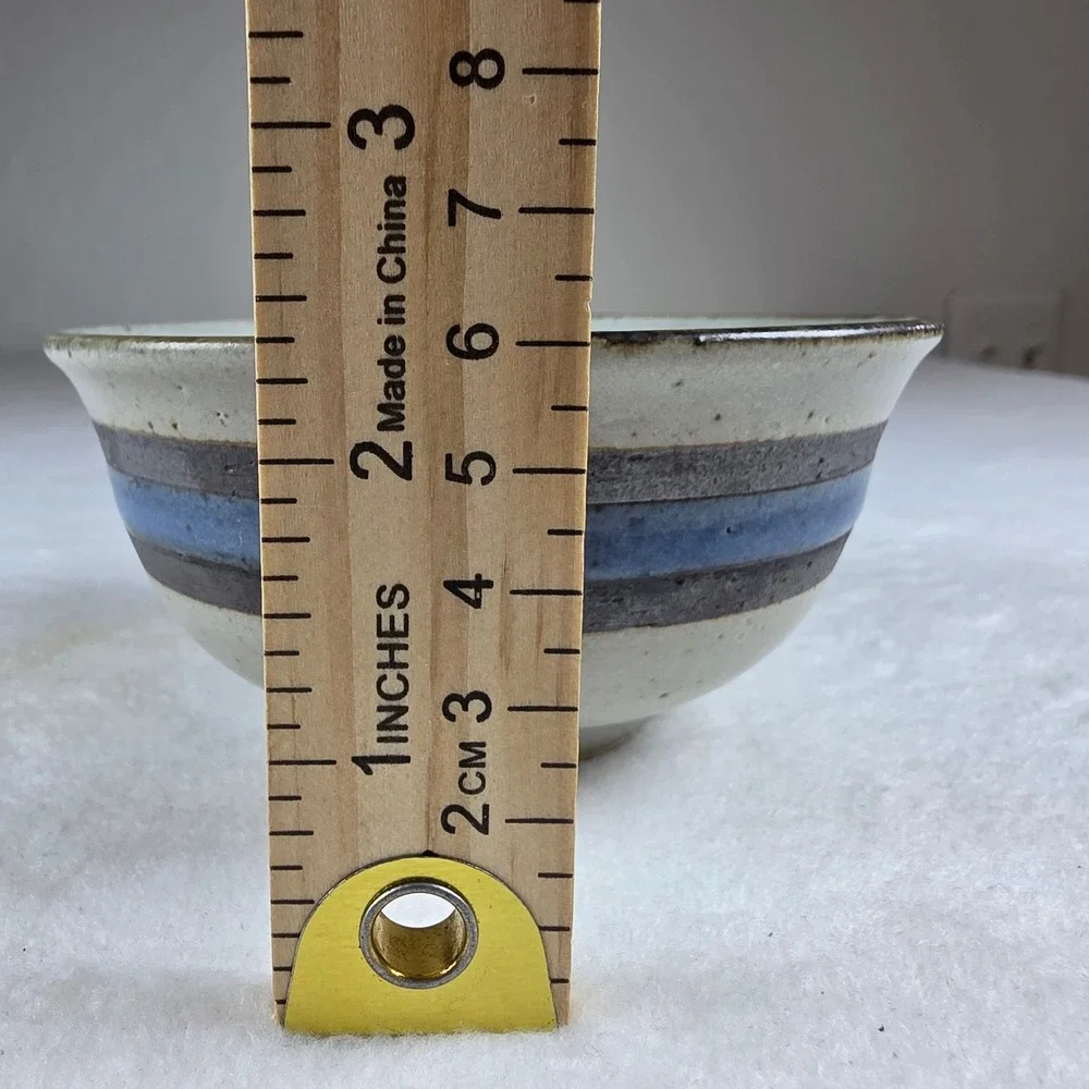 Vintage Studio Pottery Stoneware‎ Bowl Blue Gray Striped Speckled Glaze 4.75